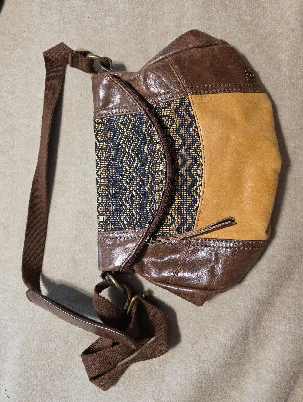 The Sak Brown and Tan Leather Crossbody with Woven Panel